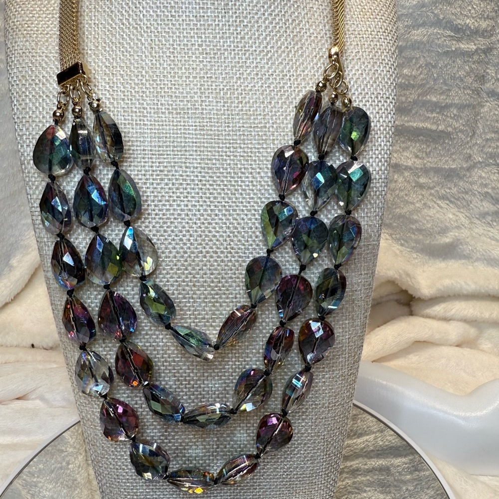 Mid-Century Triple Strand Aurora Borealis Tear Drop Beaded Necklace w Gold Chain